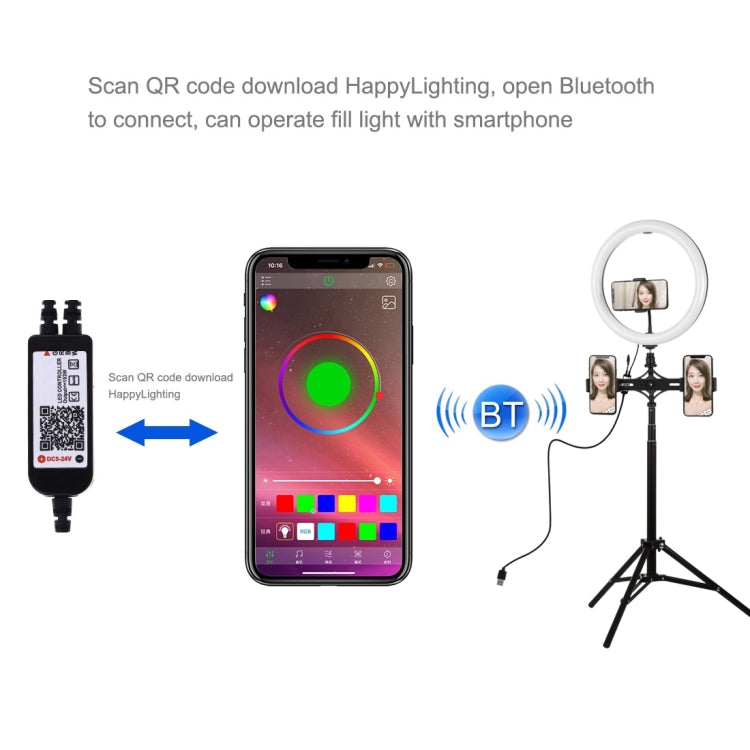 PULUZ 11.8 inch 30cm RGBW Light + 1.65m Mount + Dual Phone Brackets Curved Surface RGBW Dimmable LED Ring Selfie Vlogging Light  Live Broadcast Kits with Cold Shoe Tripod Adapter & Phone Clamp & Remote Control, 11.8 inch RGBW+1.65m Tripod+Dual Bracket