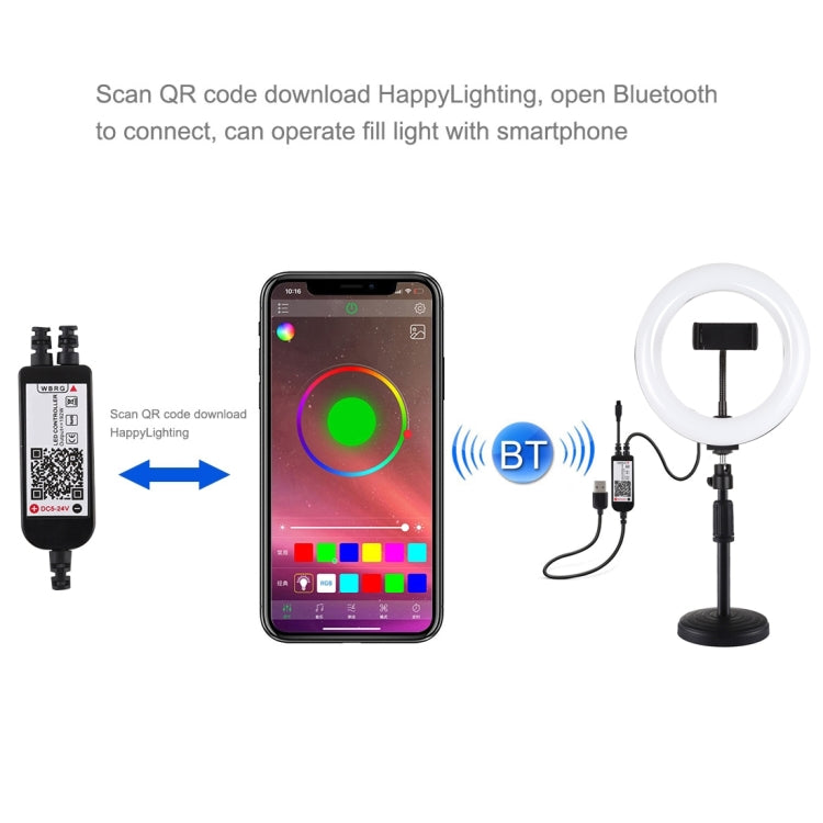 PULUZ 7.9 inch 20cm RGBW Light + Round Base Desktop Mount Dimmable LED Dual Color Temperature LED Curved Light Ring Vlogging Selfie Photography Video Lights with Phone Clamp, 7.9 inch + Round Mount