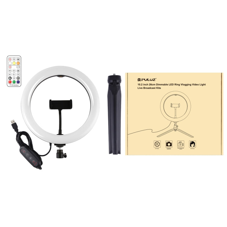 PULUZ 10.2 inch 26cm Marquee LED RGBWW Selfie Beauty Light + Desktop Tripod Mount 168 LED Dual-color Temperature Dimmable Ring Vlogging Photography Video Lights with Cold Shoe Tripod Ball Head & Remote Control & Phone Clamp, 10.2 inch RGBWW+Desktop Mount