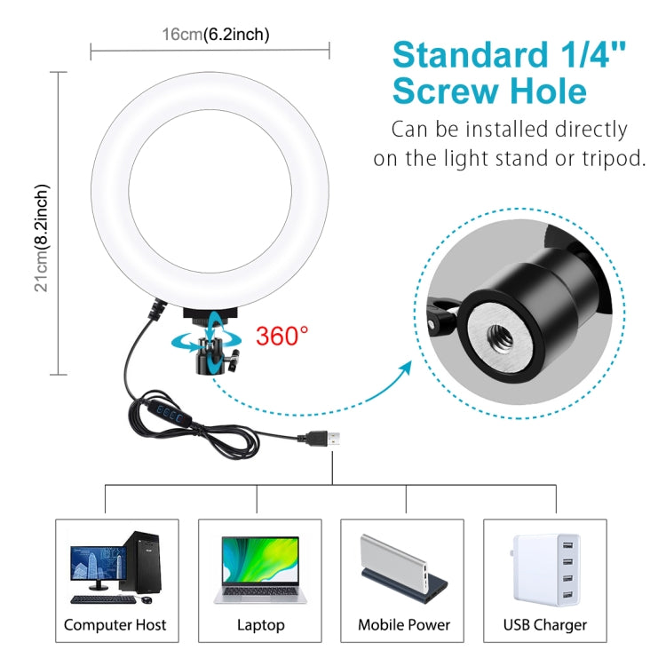 PULUZ 6.2 inch 16cm USB 3 Modes Dimmable LED Ring Vlogging Photography Video Lights with Tripod Ball Head, 6.2 inch