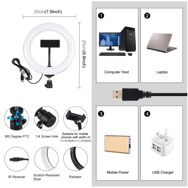 PULUZ 7.9 inch 20cm USB RGB Dimmable LED Dual Color Temperature LED Curved Light Ring Vlogging Selfie Photography Video Lights with Phone Clamp, 7.9 inch RGBW