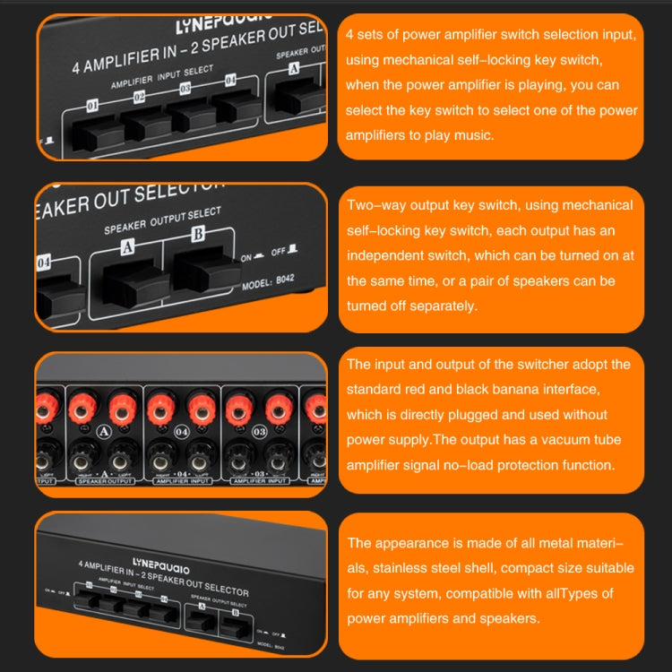 B042 4-in 2-out Power Amplifier Sound Switcher Loudspeaker Switch Distributor, 300W Per Channel Lossless Sound Quality