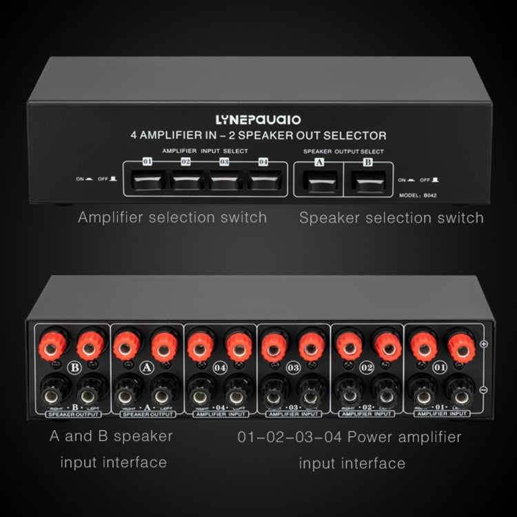 B042 4-in 2-out Power Amplifier Sound Switcher Loudspeaker Switch Distributor, 300W Per Channel Lossless Sound Quality