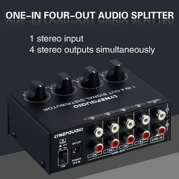 1-In 4-Out Front Stereo Signal Amplifier, Independent Output Volume Adjustment RCA Interface No Loss  Allocator, US Plug
