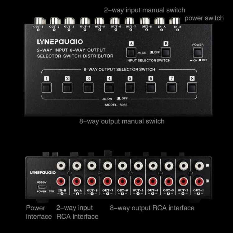 2 In 8 Out RCA Audio Frequency Signal Select Switch Distributor