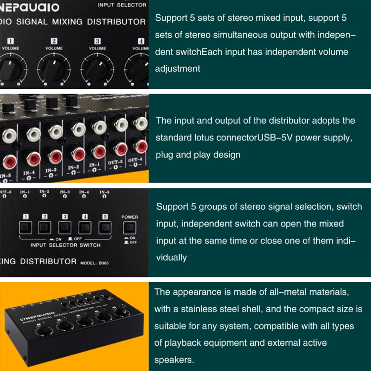 5 In 5 Out Audio Signal Selector Sound Mixing Distribute Device Input Independent Switch