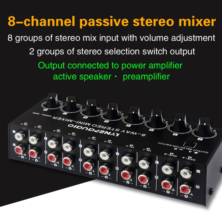 B066 Mini Stereo 8 Channel RCA Non Source Sound Passive Mixer, No Power Supply