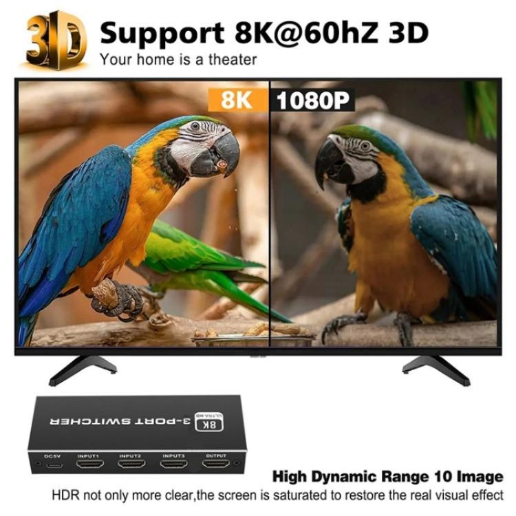 Q8Q3-3 Gaming Home Theater HDMI 2.1 Switch 3x1 8K 4K 120Hz HDR Audio Video Synchronizer