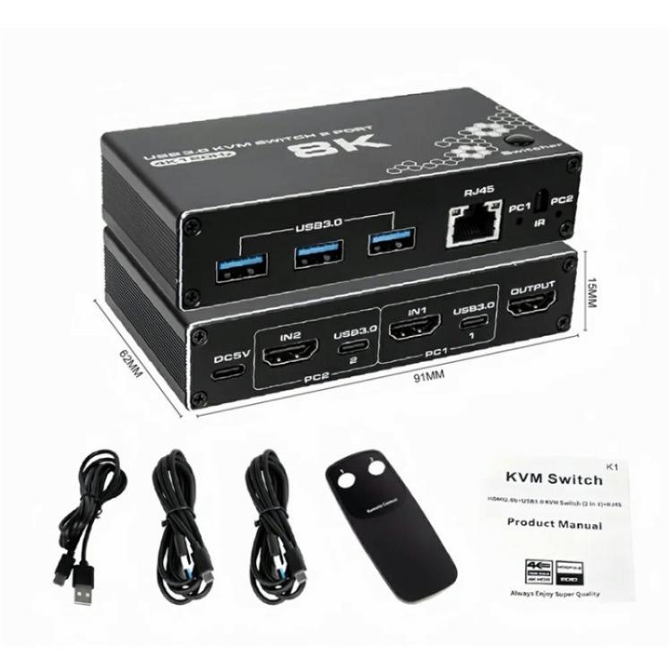 K1 2 Ports HDCP 2.3 RJ45 USB 3.0 Hubs Adapter 4K 120Hz HDMI 2.0b USB-C KVM Switch