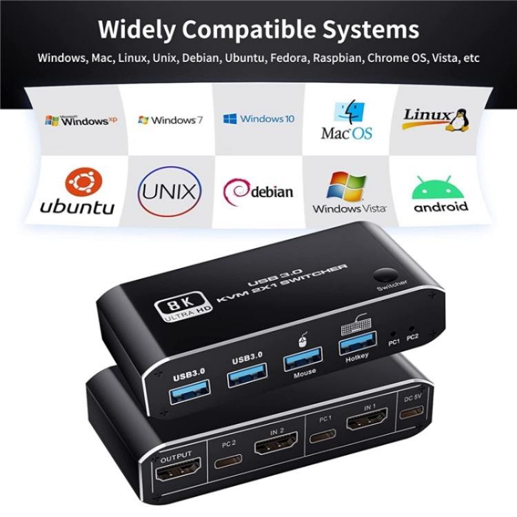 K4 Laptop Game Console 8K Ultra HD USB 3.0 KVM 2x1 Switcher 2 In 1 Out HDMI 2.1 Converter