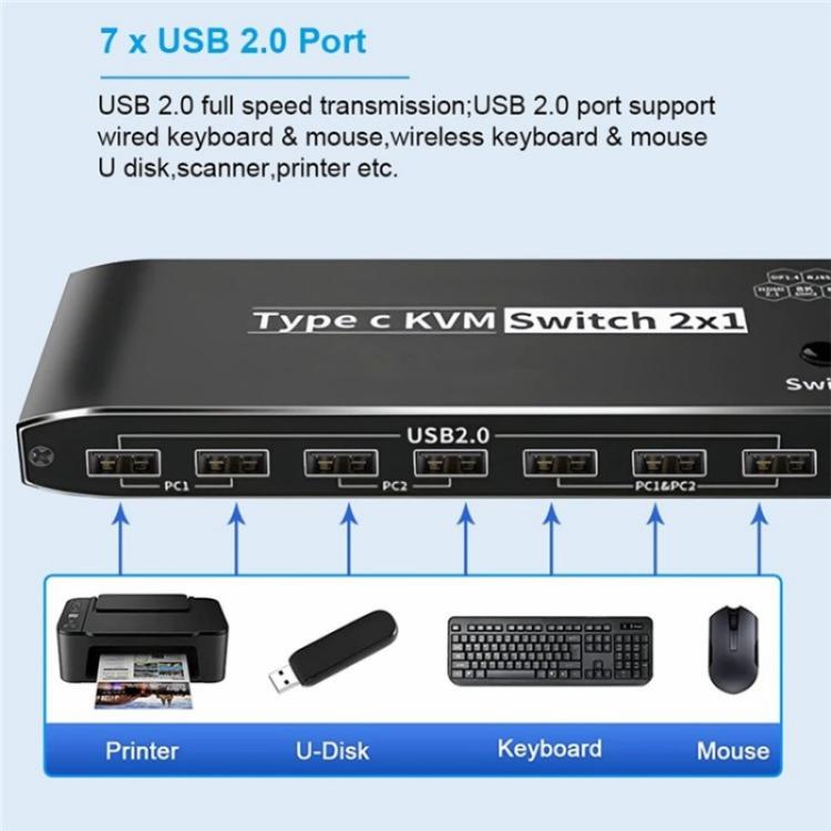 K8 With RJ45 Ethernet Port 2 In 1 Out Type C KVM Switcher 7 USB 2.0 Ports Docking Station