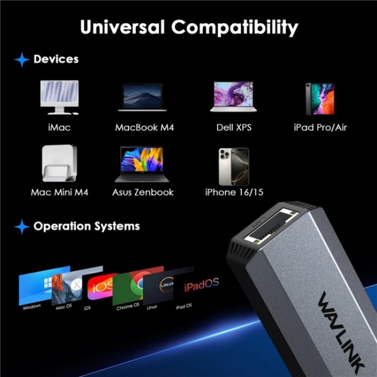 WAVLINK WL-NWU341G Laptop USB-C to 5000Mbps RJ45 LAN Ethernet Network Adapter