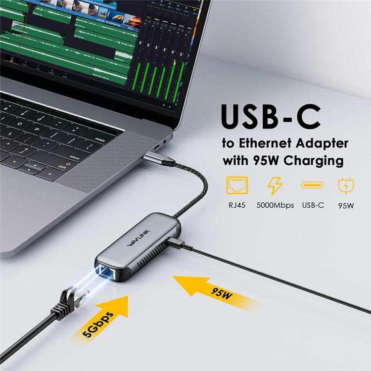 WAVLINK NWU340GD With 95W Charging Port 5Gbps USB-C to RJ45 Ethernet Adapter Converter