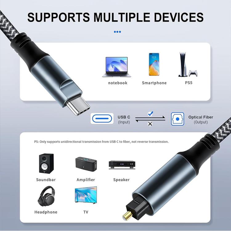 JUNSUNMAY Male USB Type-C to Male Toslink Optical Audio SPDIF Cable