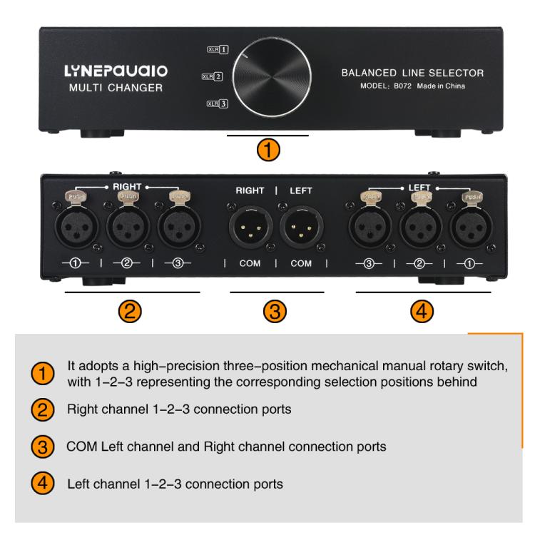 B072 3 Input 1 Output Fully Balanced Signal Selector 3-Channel Balanced Line Selector, No Need For External Power Supply Lossless Switching