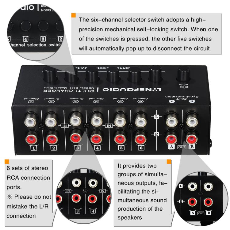 B080 6 Input 2 Output Audio Signal Selector Audio Switcher, 2-Channel Synchronous Output RCA Interface