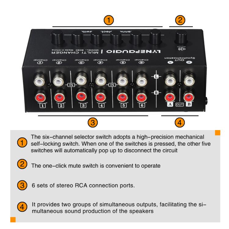B080 6 Input 2 Output Audio Signal Selector Audio Switcher, 2-Channel Synchronous Output RCA Interface
