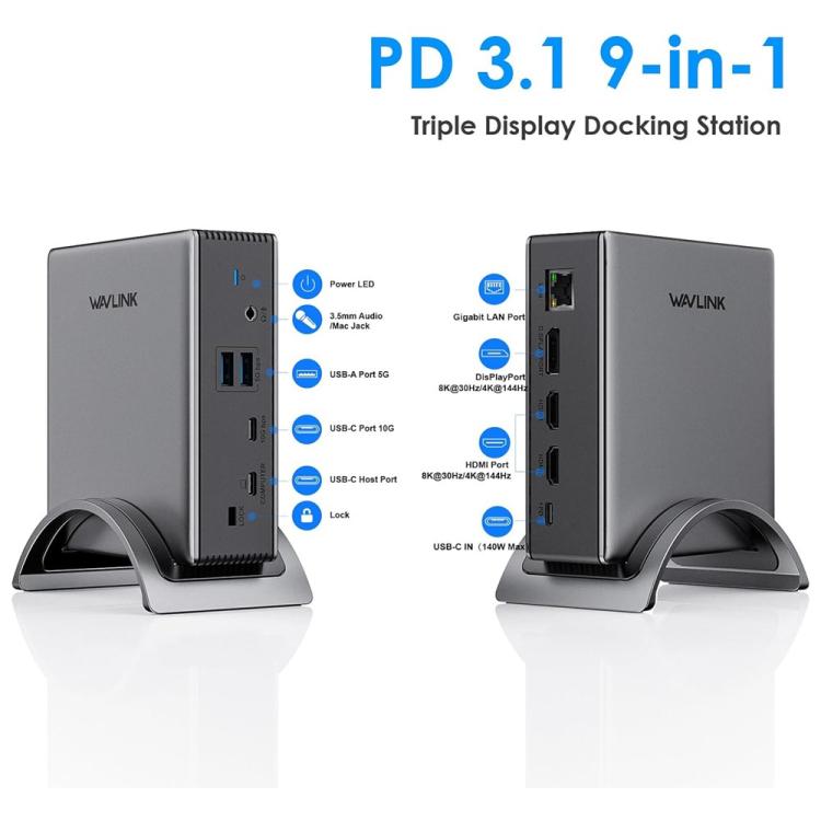 WAVLINK UMD27PRO 8K 30Hz / 4K 144Hz 140W PD HUB Adapter, US Plug, EU Plug, UK Plug, AU Plug