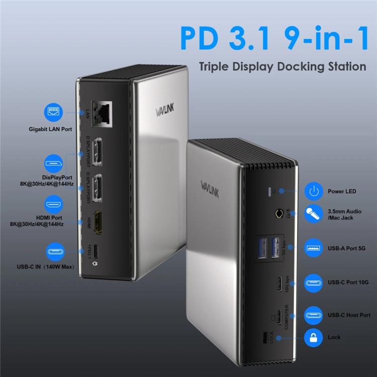 WAVLINK UMD27PRO Support 8K 30Hz 4K 144Hz 140W HUB Docking Station, US Plug, EU Plug, UK Plug, AU Plug