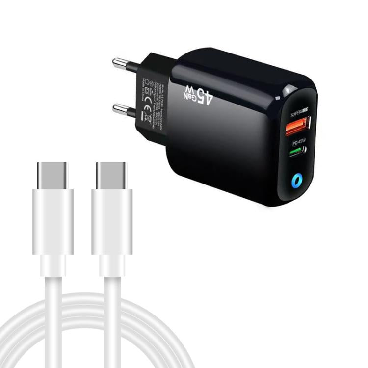 TE-PD45 GaN 45W PD3.0 / Type-C + USB 3.0 Charger with Type-C to Type-C Data Cable, EU  Plug