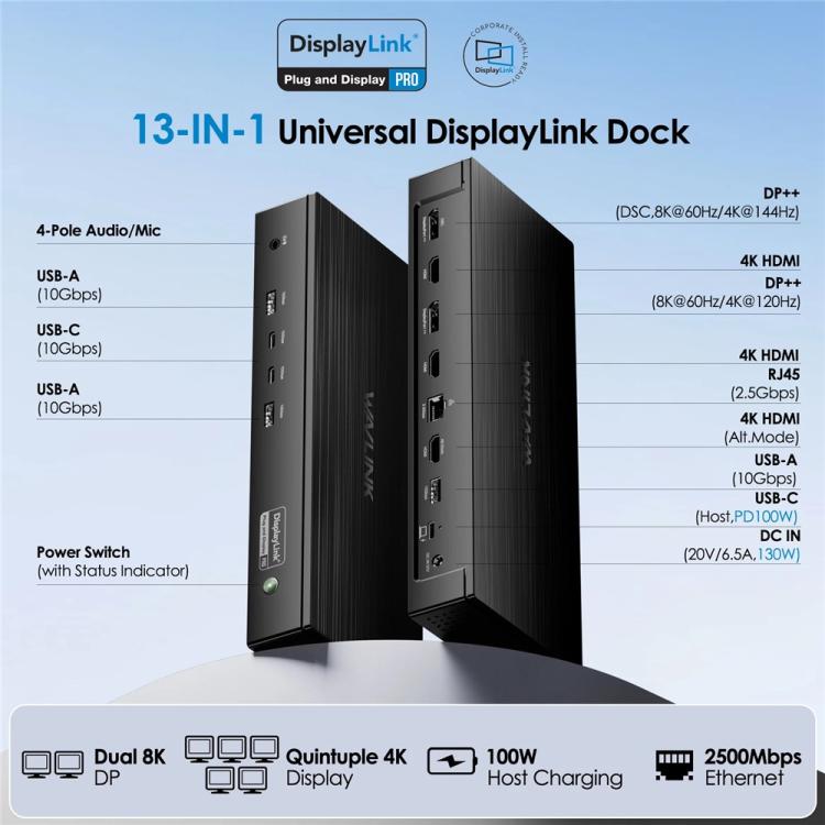 WAVLINK UG75PD5-3H2D2 For Mac M1 / M2 / M3 / M4 / Windows DisplayLink-7400 Docking Station, US Plug, EU Plug, UK Plug, AU Plug