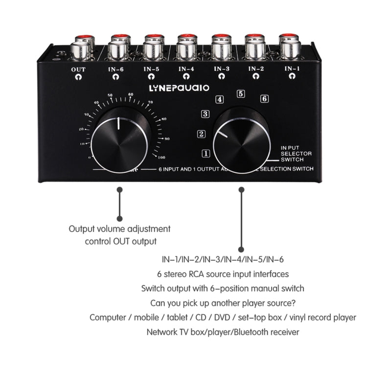 B016 6 Input 1 Output Audio Signal Source Selection Switcher, Output Volume Adjustment Control RCA Port