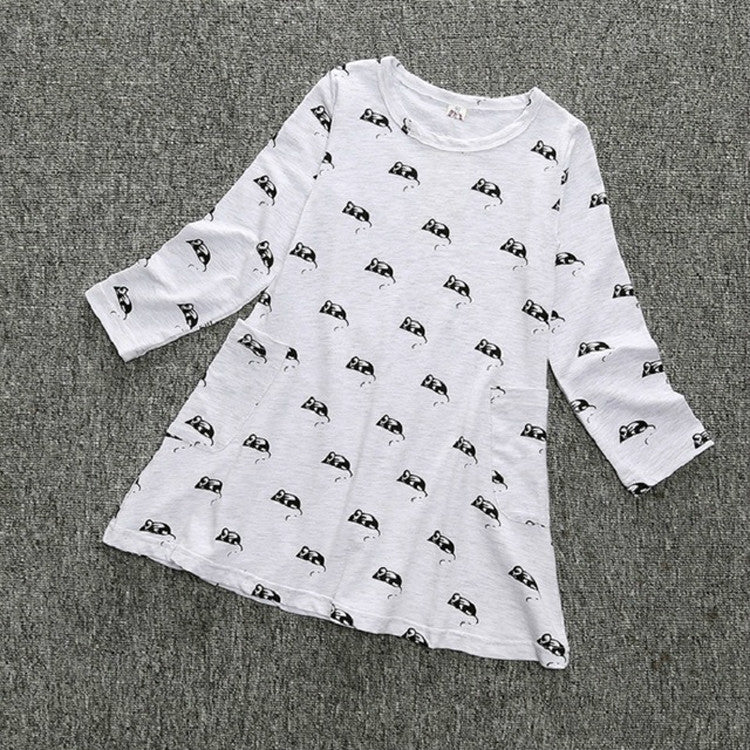 Spring and Autumn Girls Cartoon Mouse Pattern Long Sleeve Dress
