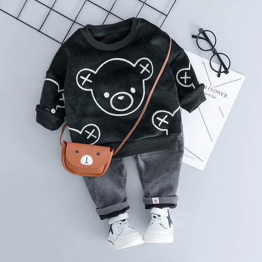 Autumn and Winter Fleece Cartoon Bear Pattern Children Long Sleeve Pullover Top + Pants Set, 73cm, 90cm