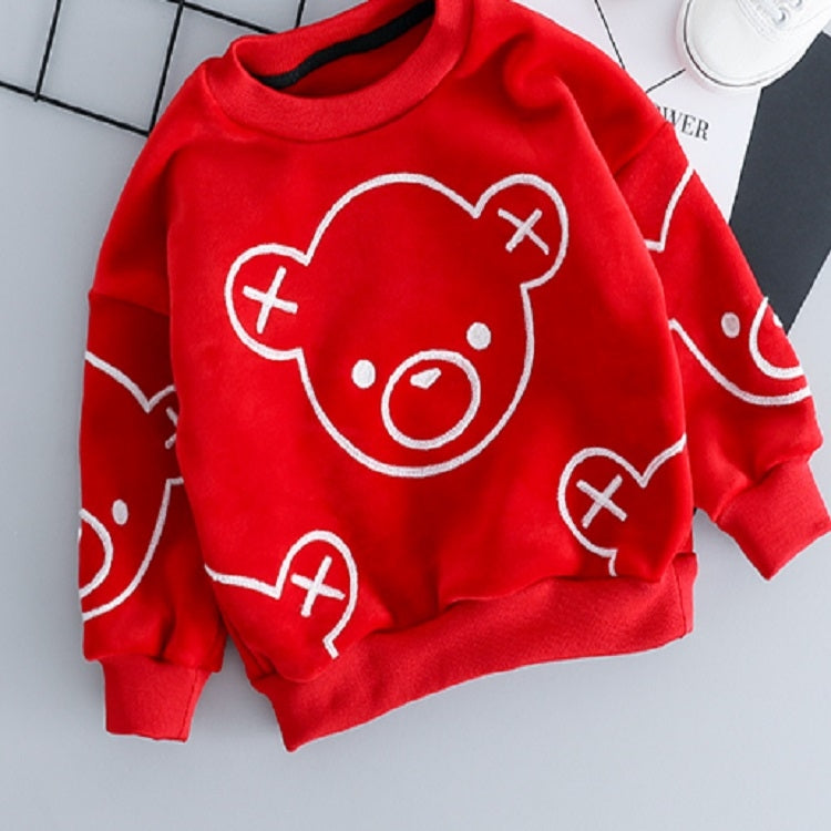 Autumn and Winter Fleece Cartoon Bear Pattern Children Long Sleeve Pullover Top + Pants Set, 73cm, 90cm