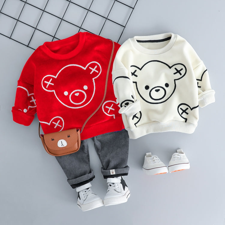 Autumn and Winter Fleece Cartoon Bear Pattern Children Long Sleeve Pullover Top + Pants Set, 73cm, 90cm
