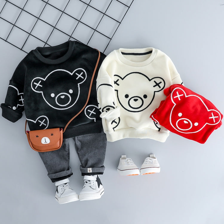 Autumn and Winter Fleece Cartoon Bear Pattern Children Long Sleeve Pullover Top + Pants Set, 73cm, 90cm