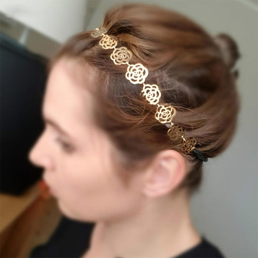 2 PCS Fashion Lovely Metallic Women Hollow Rose Flower Elastic Headband Headwear Accessories