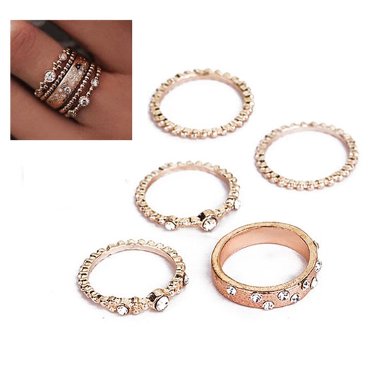 5 PCS/Set Fashion Women Rose Gold Rhinestone Elegant Rings Jewelry Set