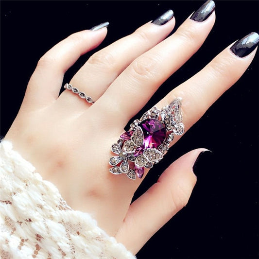 2 PCS/Set Women Fashion Retro Palace Gemstone Crystal Butterfly Ring