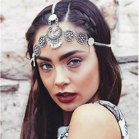 Silver Vintage Tassel Hair Jewelry Metal Coin Headband Long Punk Head Chain Piece Forehead Headpiece