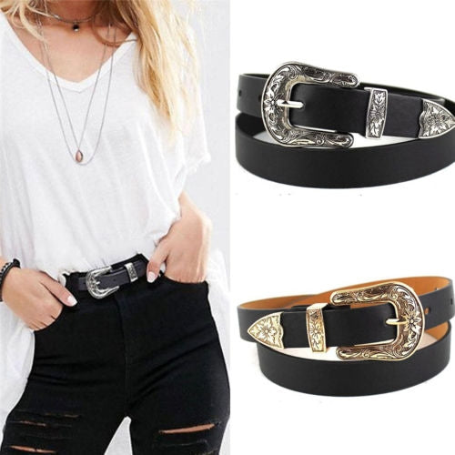 Women Black Leather Western Cowgirl Waist Metal Buckle Waistband New Hot