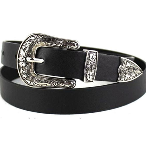 Women Black Leather Western Cowgirl Waist Metal Buckle Waistband New Hot
