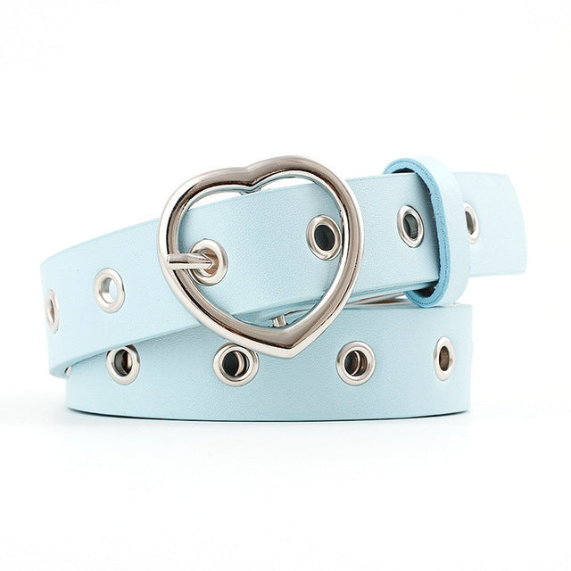 3PCS Narrow Thin Leather Silver Metal Heart Buckle Belts for Women