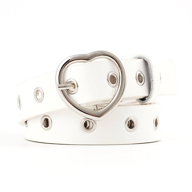 3PCS Narrow Thin Leather Silver Metal Heart Buckle Belts for Women