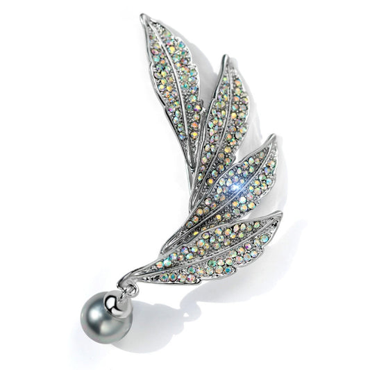 Vintage Style Colorful Crystal Pearl Feather Brooch Sliver Pins Brooches
