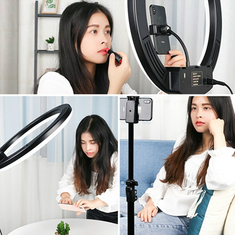 Dimmable Color Temperature LED Ring Fill Light Live Broadcast Set, 14 inch+Phone Clip With 2.1m Tripod Mount, CN Plug, 18 inch+ Phone Clip With 2.1m Tripod Mount, CN Plug, 18 inch+6 Phone Clips+Microphone Pole With 2.1m Tripod Mount, CN Plug