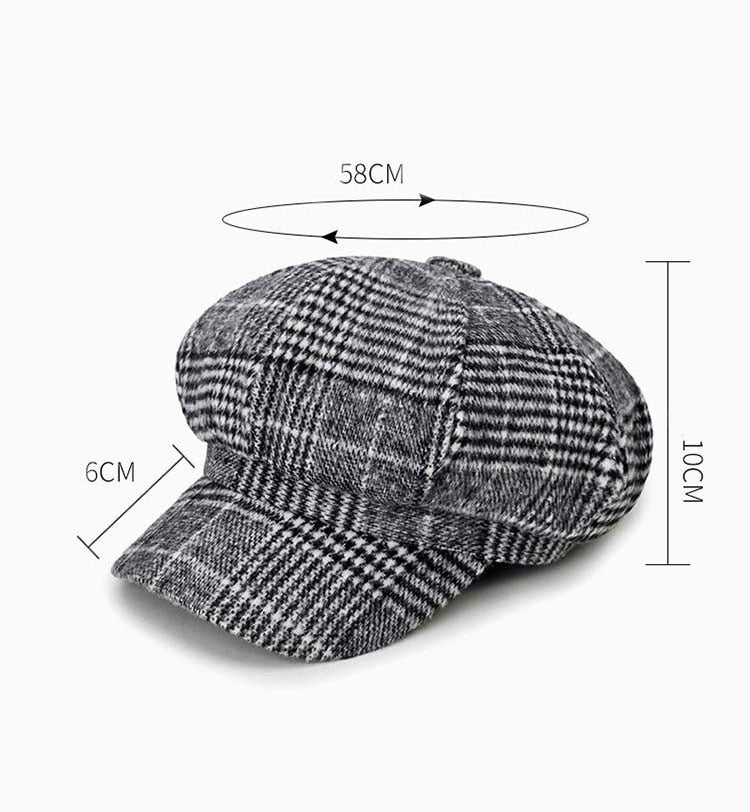 Autumn and Winter Retro Style Woolen Plaid Beret Octagonal Cap