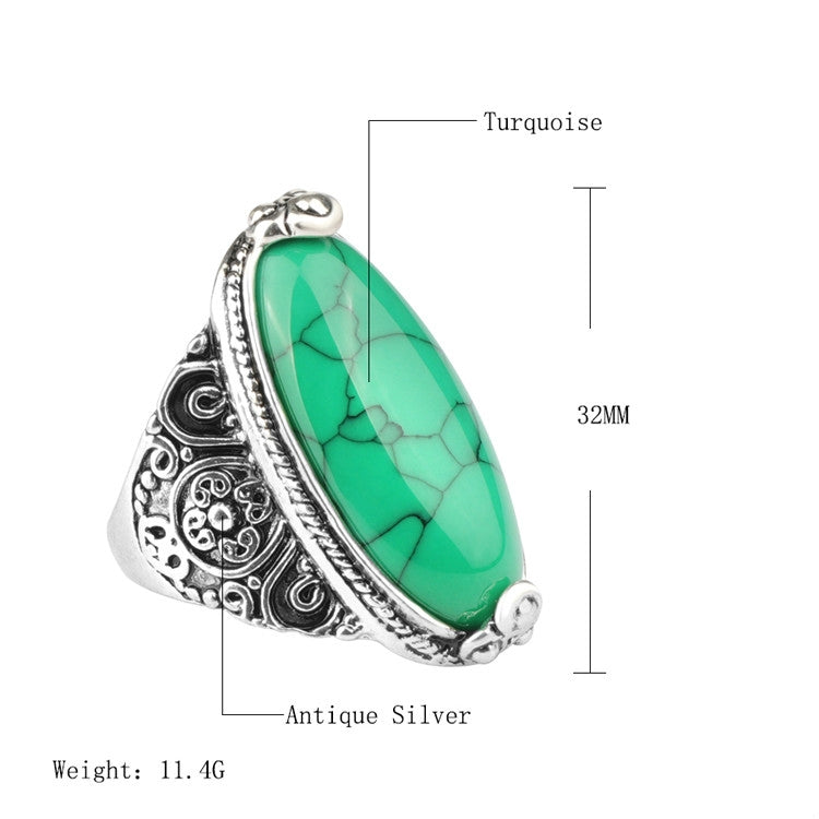 Fashion Vintage Oval Turquoise Flower Ring Women Antique Silver Jewelry