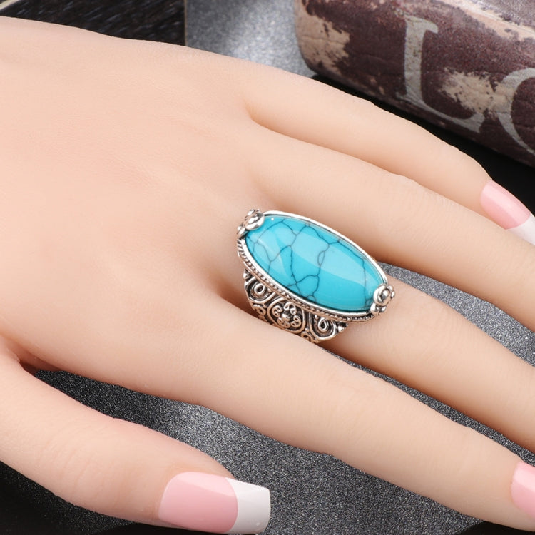 Fashion Vintage Oval Turquoise Flower Ring Women Antique Silver Jewelry