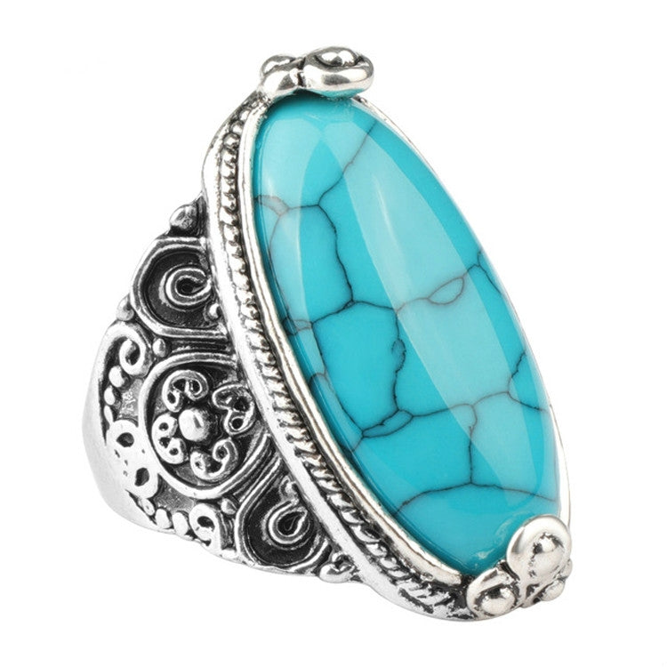 Fashion Vintage Oval Turquoise Flower Ring Women Antique Silver Jewelry