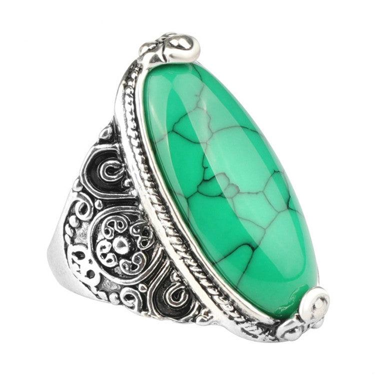 Fashion Vintage Oval Turquoise Flower Ring Women Antique Silver Jewelry