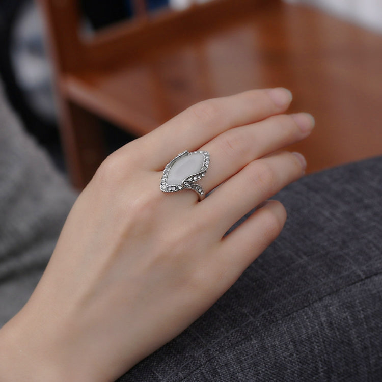 Vintage Silver Plated White Big Oval Opal Ring For Women, 8