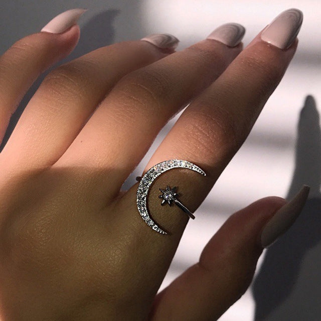 Female Star Moon Rings Crystal Ring Staking Jewelry