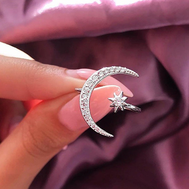 Female Star Moon Rings Crystal Ring Staking Jewelry