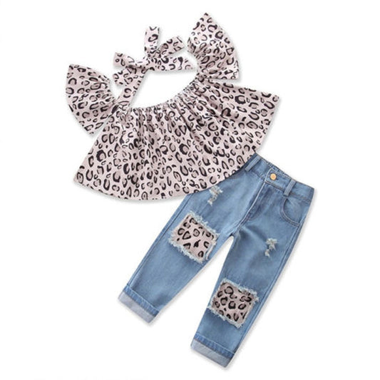 Girls Leopard Print Tube top + Denim Trousers + Hair Band Set